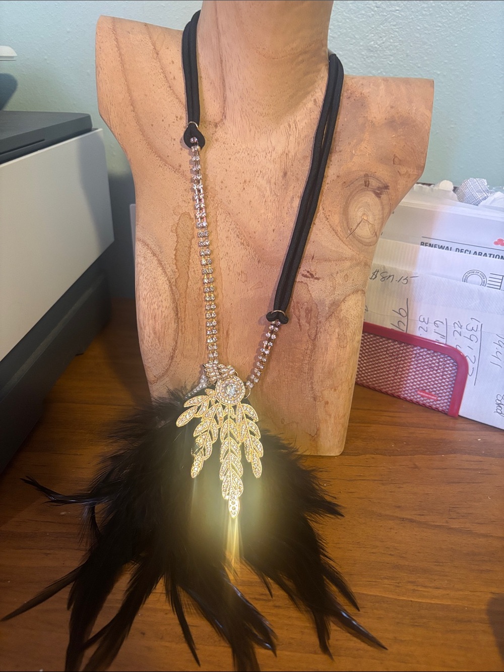 Elegant Black Feather Pendant Necklace with Crystal Leaf Accent
